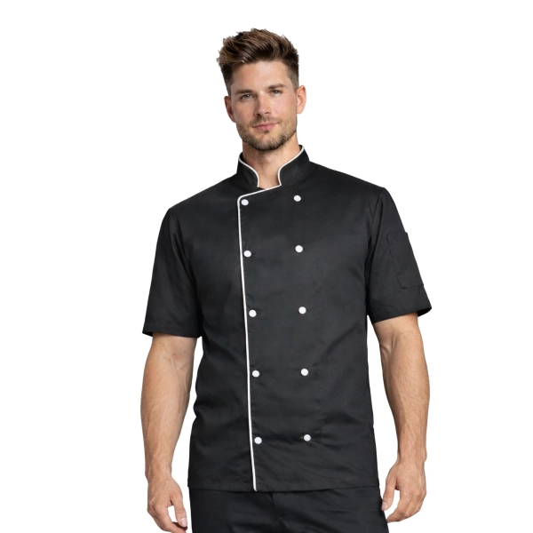 Bluza kucharska czarna krótki rękaw lamówka biała roz.3XL – bluza kucharska – odzież gastronomiczna